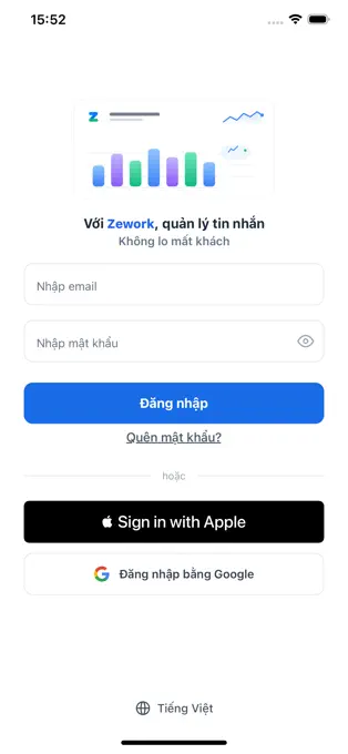 Màn hình đăng nhập ứng dụng Zework trên iPhone — ảnh chính thức từ App Store