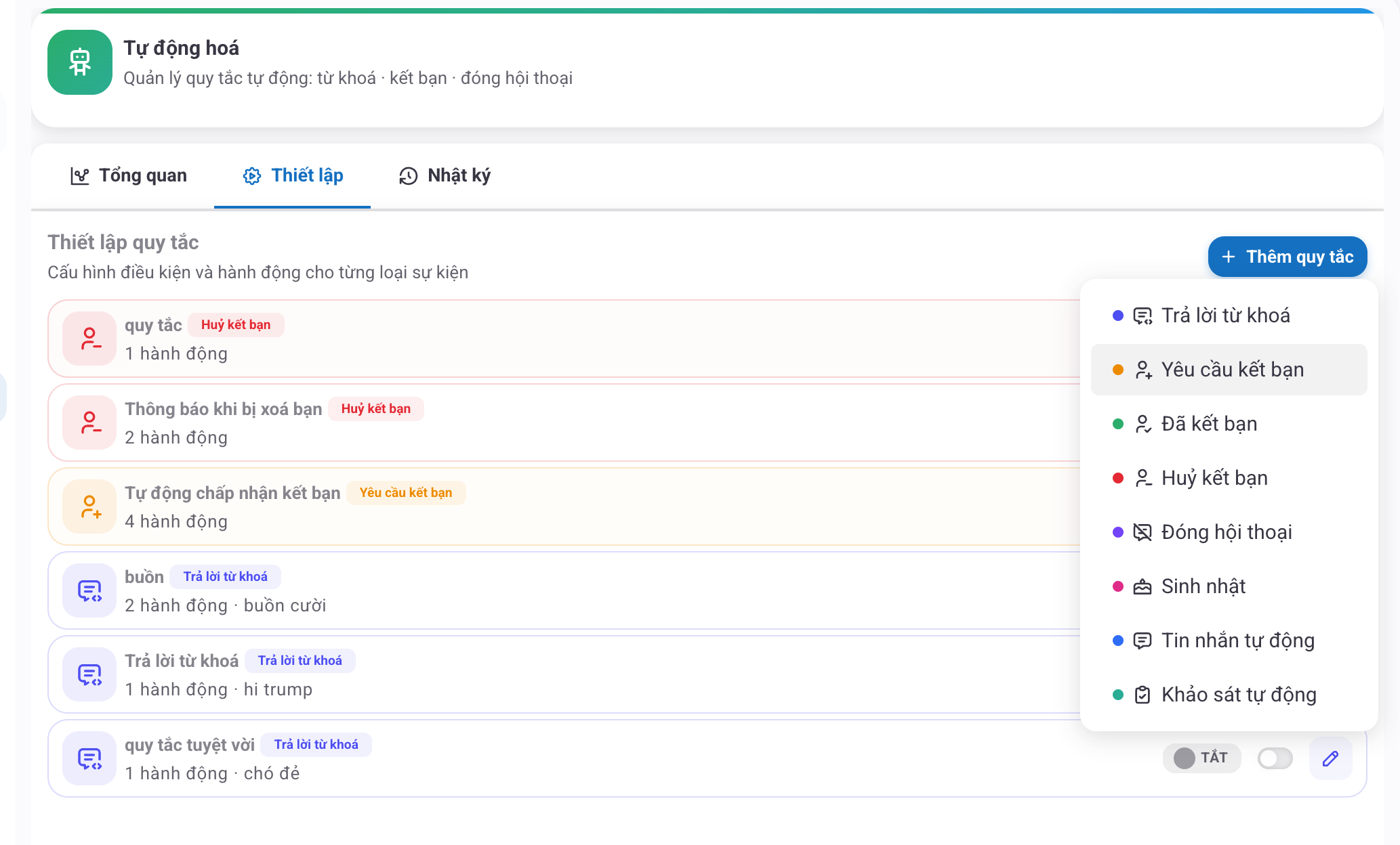 Tự động hoá quy tắc Zalo