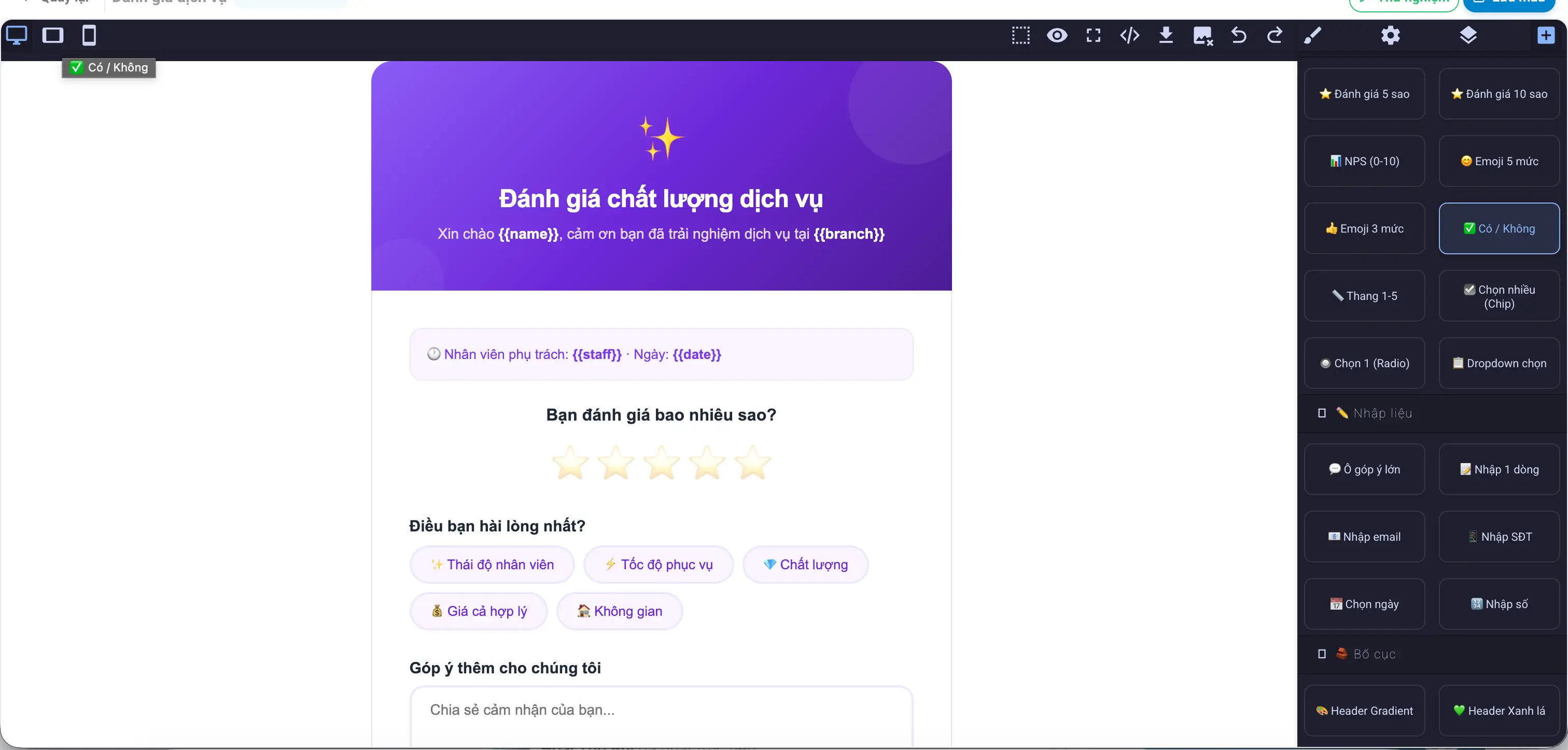 Editor khảo sát kéo thả