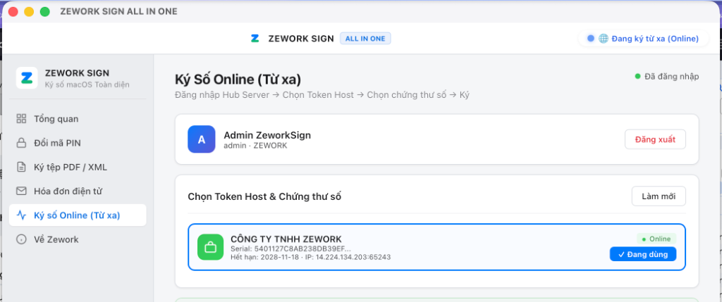 Giao diện phần mềm ký số ZeworkSign trên macOS